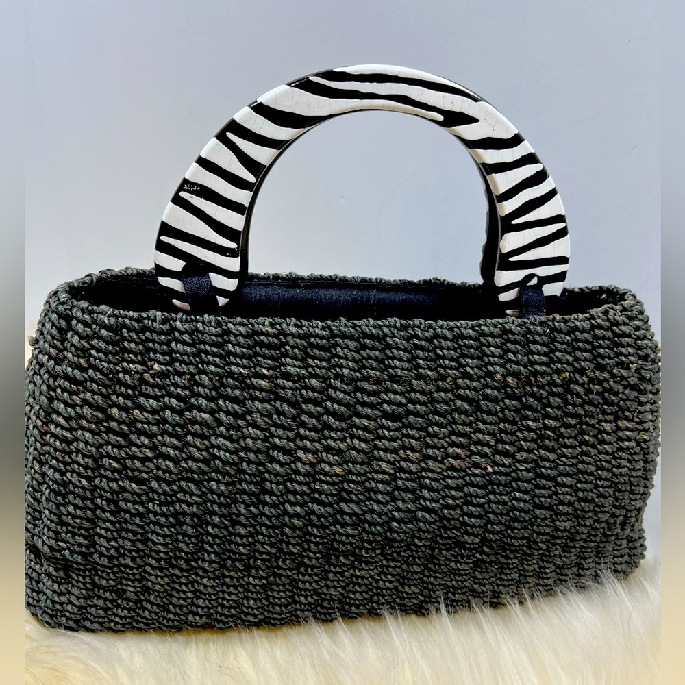 Black Woven Raffia Handbag with Zebra Stripe Print Hand Painted Wood Handles